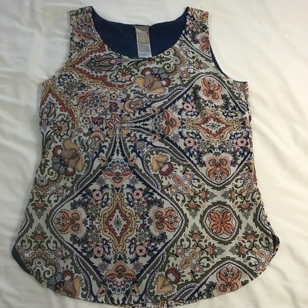 Chico's Grand Paisley Print Solid Blue Reversible Tank Top Shirt Size 4/6